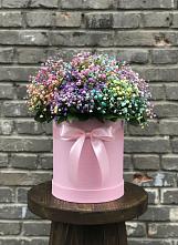 Цветочная композиция из Гипсофила и Розы в шляпной коробке в Поселок санатория Министерства Обороны