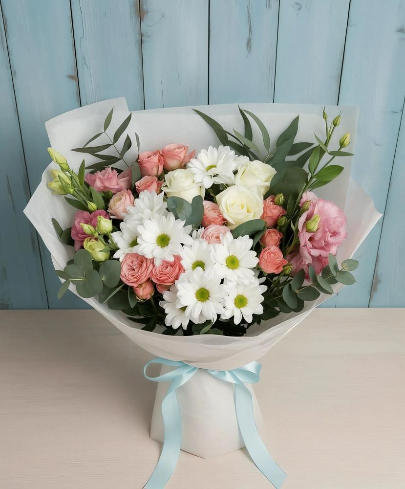 Букет цветов из: Розы, Лизиантусы и Хризантемы в Поселок санатория Министерства Обороны
