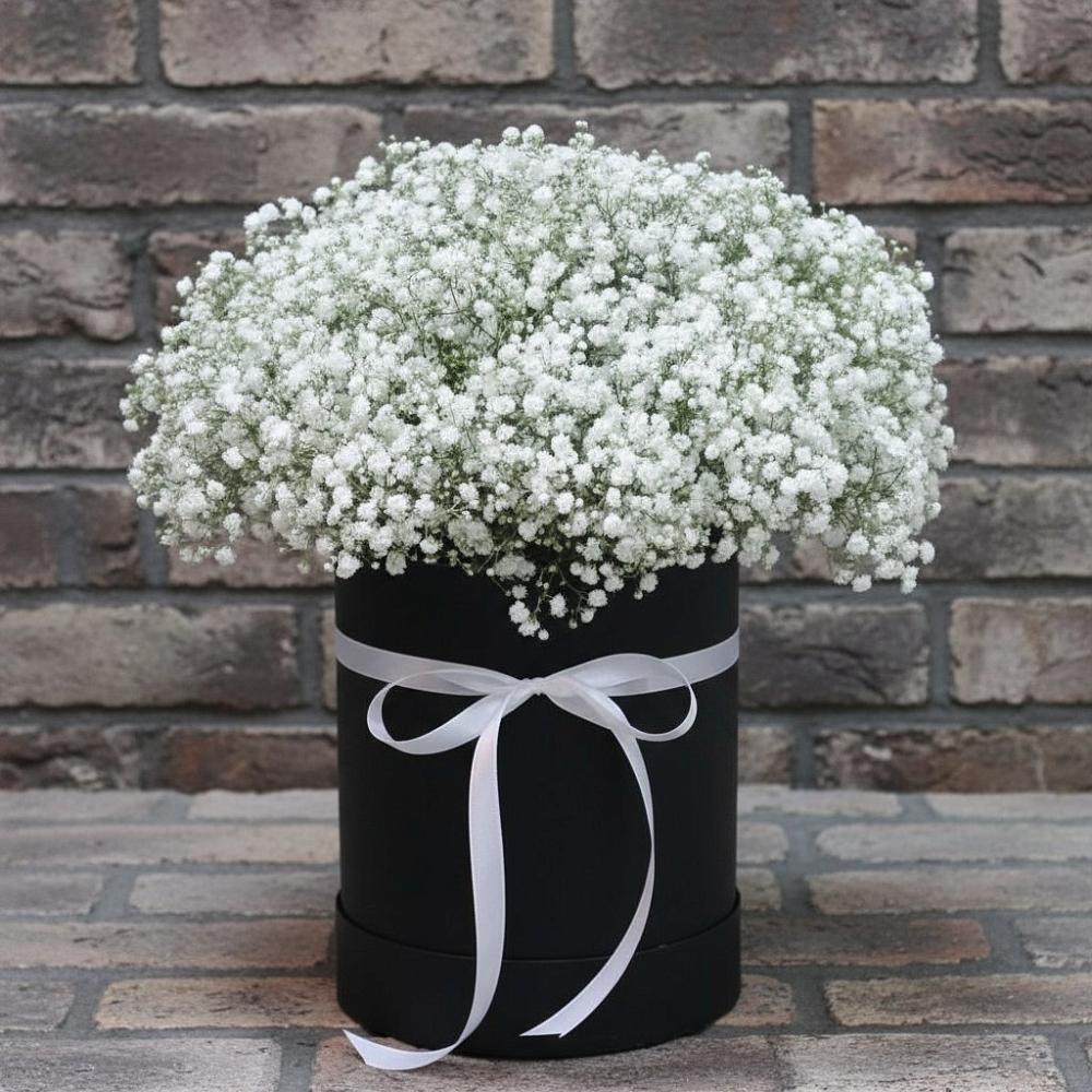 Цветочная композиция из Гипсофила в шляпной коробке в Поселок санатория Министерства Обороны