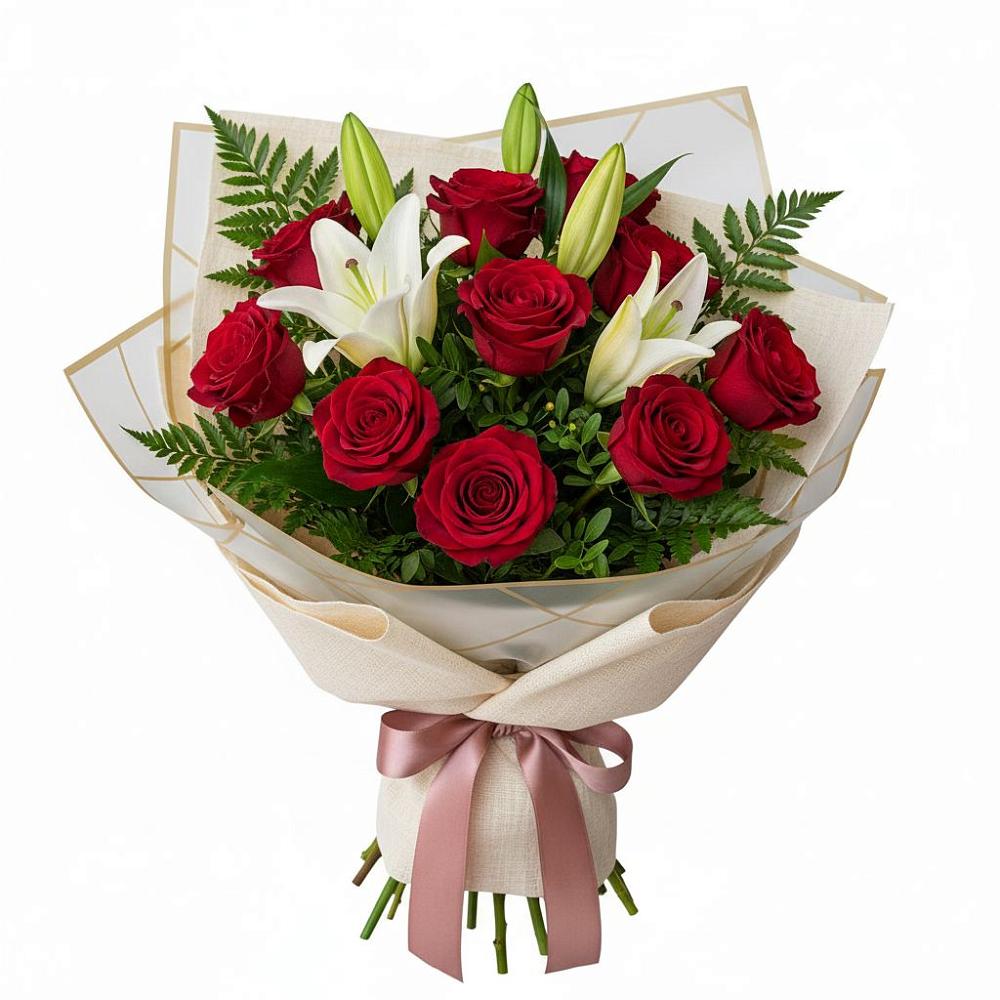 Букет цветов из: Лилии и Розы в Поселок санатория Министерства Обороны