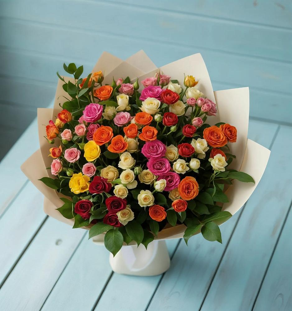 Букет Микс из разноцветных кустовых роз в Поселок санатория Министерства Обороны
