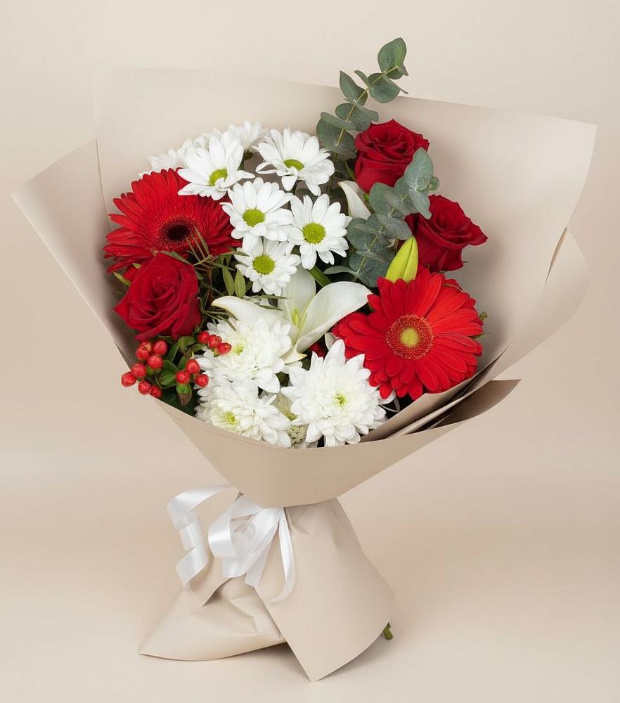 Букет цветов из: Розы, Хризантемы, Герберы и Лилии в Поселок санатория Министерства Обороны